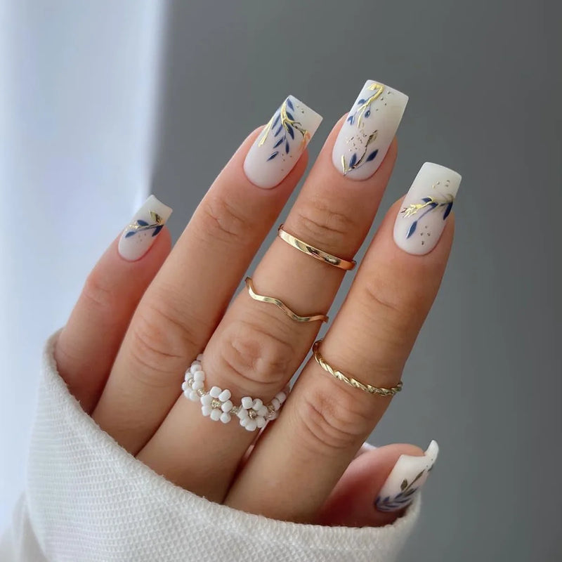 Nails Mid-length Square Head Fake Nail with Golden Blue Leaves Design Press on Nails Full Cover Nail Tips