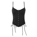 Girl Front Hollow Out Black Summer Cross Lacing Up Bow Bandage Waist Crop Tank Tops