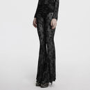 Women Gothic Crescent Hollowed Moon Mesh Flare Pants Crotch Pleat Design Trousers
