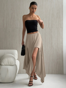 Khaki Satin Women's Skirt Elegant High Waist Midi Skirt Classic Slit Skirts Female Clothing