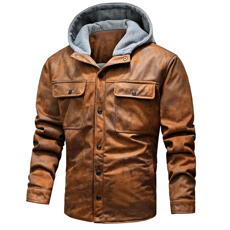 Men's Knitted Hat Faux Leather Jackets Youth Casual Zipper Hoodie Coats Autumn Motorcycle Fleece-Lined Warm Clothing