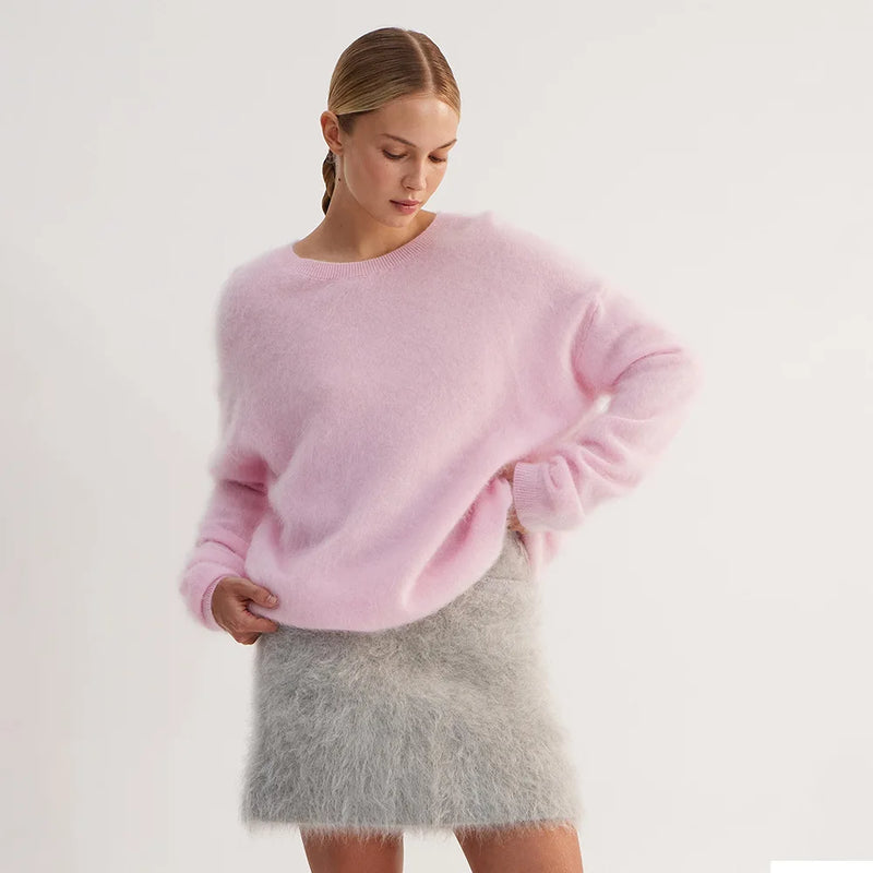 Casual Mink Hair Sweater Women Autumn Loose Pullover Top O neck Knitted Sweater Female Elegant