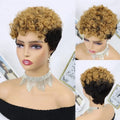 Mannequin head with a blonde and black curly wig, wearing a decorative necklace, Obroi