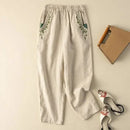 Beige Embroidery Linen Casual Elastic Loose Wide Leg Women's Pants