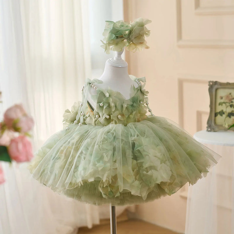 Flower Girl Dresses with Hairband Pearls for Baby Kids Wedding 1st Birthday Pageant Party