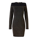 Autumn Spring Wool Blend Gold Threads Women Striped Knitted Vintage Dress