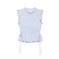 A sleeveless light blue and white vertically striped smocked blouse with ruffled shoulders, a ruffled collar, and side drawstrings at the peplum hem, shown against a plain white background, Obroi