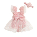 0-24M Infant Baby Girl Romper Dress Sleeveless Bow Flower Lace Tulle Dress Bodysuit Headband Newborn Summer Outfits