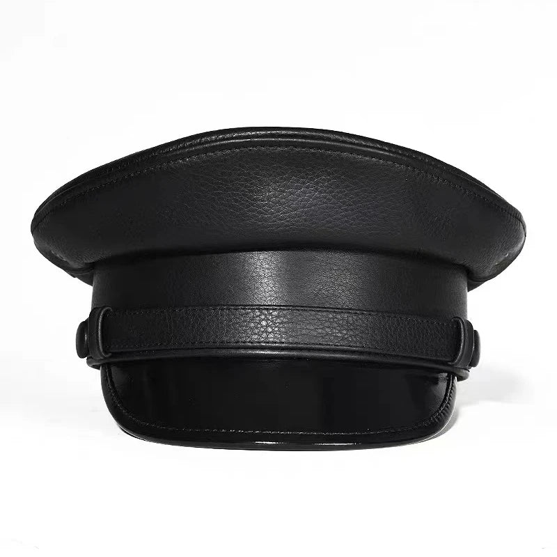 Leather Marine Captain Hat for Men Retro British German Short Brim Flat Top Military Caps Navy