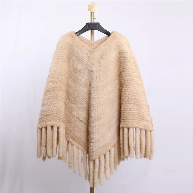 Women's Luxury Winter Genuine Mink Fur Knitted Cape Pullover Poncho Lady Warm Shawl Tassels Wraps
