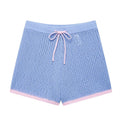 Women With Pocket Blue Lace Up Knitted Mini Shorts Vintage High Elastic Waist Female Chic Lady Shorts