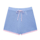 Women With Pocket Blue Lace Up Knitted Mini Shorts Vintage High Elastic Waist Female Chic Lady Shorts