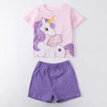 Children's outfit with pink shirt featuring a unicorn and purple shorts on a white background, Obroi