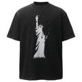 Black t-shirt with white graphic of the Statue of Liberty on a white background, Obroi