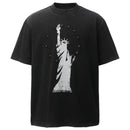 Black t-shirt with white graphic of the Statue of Liberty on a white background, Obroi
