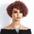 Mannequin head with a brown curly wig on a white background, Obroi