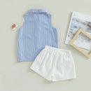 Summer Kids Toddler Girls Outfits Sleeveless Button Down Striped Shirt Bow Shorts Clothes Set