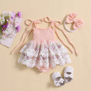 Baby Girl Romper Dress Outfit Tie-up Embroidery Flower Rompers with Bowknot Hairband