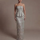 Sliver Prom Dress Strapless Celebrity Dress with Layered Tassel Women's Evening Dresses Formal Gown