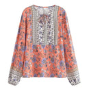 Boho Queens Women Floral Lace-up Bohemian Blouse Shirts Long Sleeve Tassel Rayon Tops