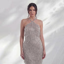 Silver Luxury Prom Dresses Halter Crystal Celebrity Dress Sleeveless Tiered Tassel Evening Dress