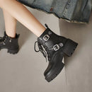 Women Boots Round Toe Block Heels 6.5cm Platform Zipper Lace Retro Ankle Bota