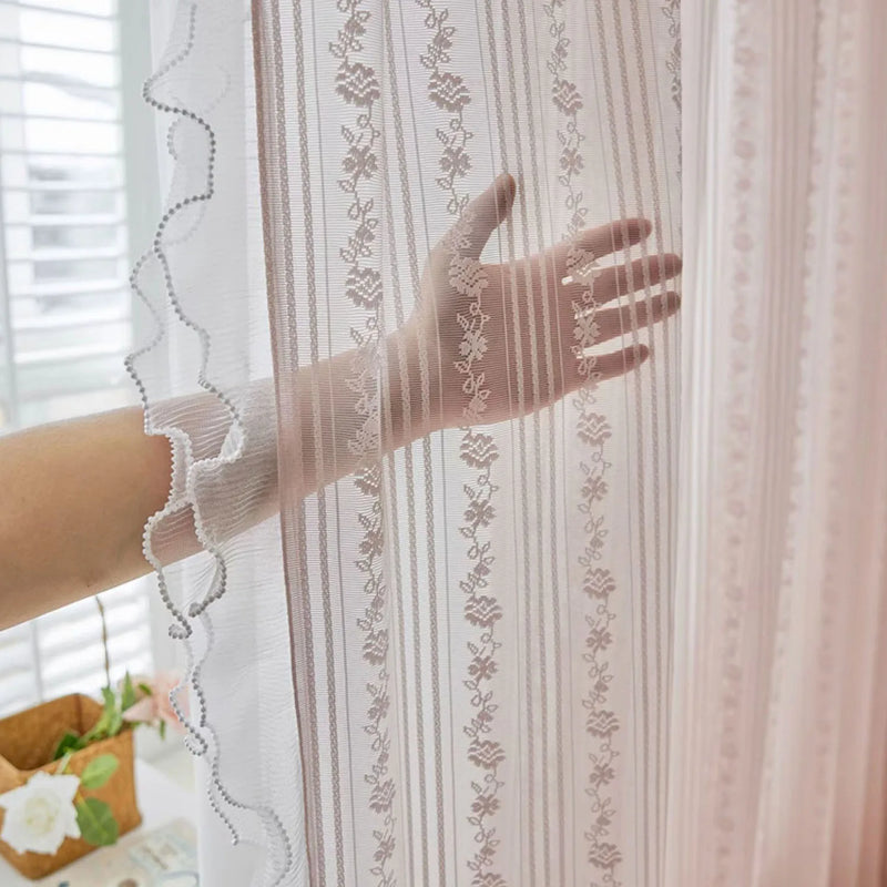Romantic Sheer Pink Ruffle Curtains for Girls Bedroom Princess Bay Window Curtains Living Room