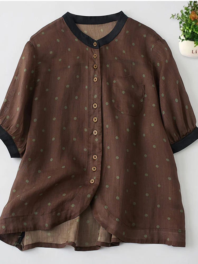 Spring Summer Dot Cotton Linen Blouse Shirt Button Elegant Office Ladies Women Casual Loose Tops