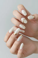 10pcs French Gold Leaf Handmade Nails Pearl Press on Nail Short Almond Full Coverage Nail Tips for Women&Girl