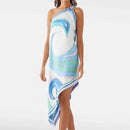 Women Slanted Neck Hollow Out Club Party Dress Sleeveless Satin Dress