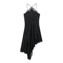 Women Lace Hem Pleated Midi Dress Thin Straps Sleeveless Female Chic Lady Dresses