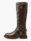 Women Pleated Thick Heel Knee High Women Boots, Knight Boots Round Toe Side Zipper Mid Leg Boots