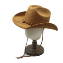 Brown cowboy hat on a mannequin head against a white background, Obroi