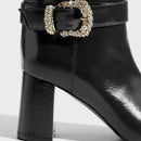 Women's Black Patent Leather Boots Rhinestone Square Buckle Decor Round Toe Side Zipper Long Boots