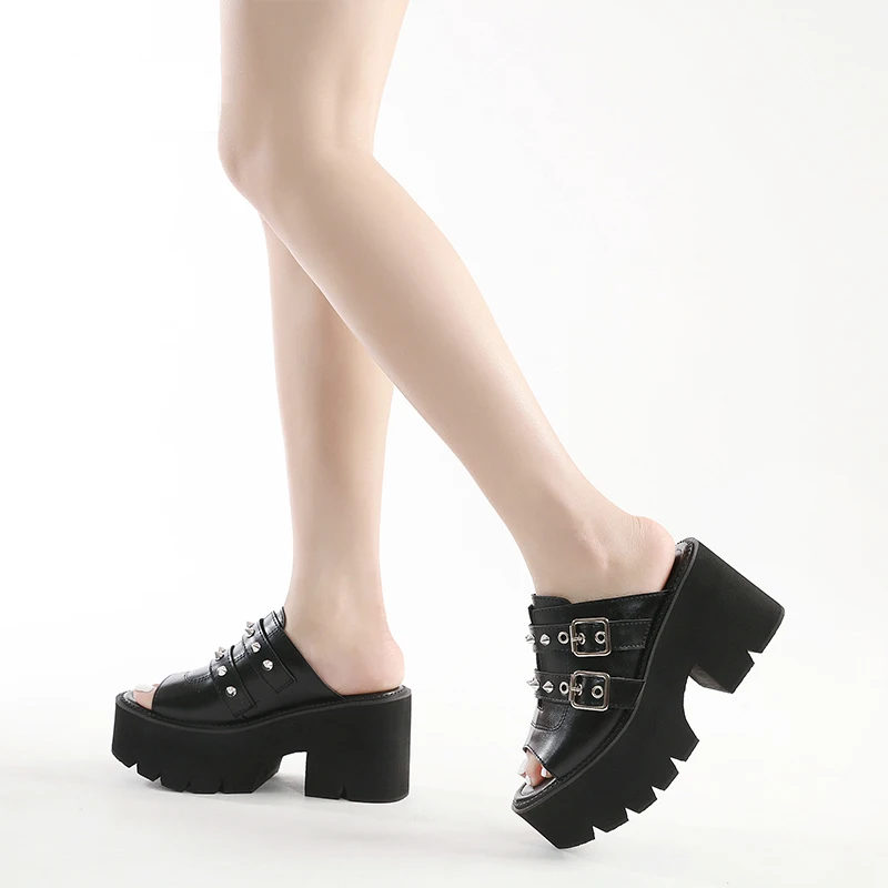 Heels Sandals for Women Open Toe Heels Cute Slip-on Mule Shoes Belt Buckle Black Leather