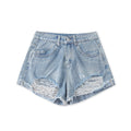 Denim shorts with distressed details on a white background, Obroi