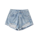 Denim shorts with distressed details on a white background, Obroi