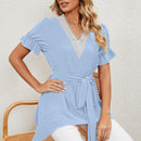 Elegant Women Shirt Lace Stitching Trim Ruffle Short Sleeve Jacquard Irregular Hem Belt Chiffon Blouses Tops Streetwear