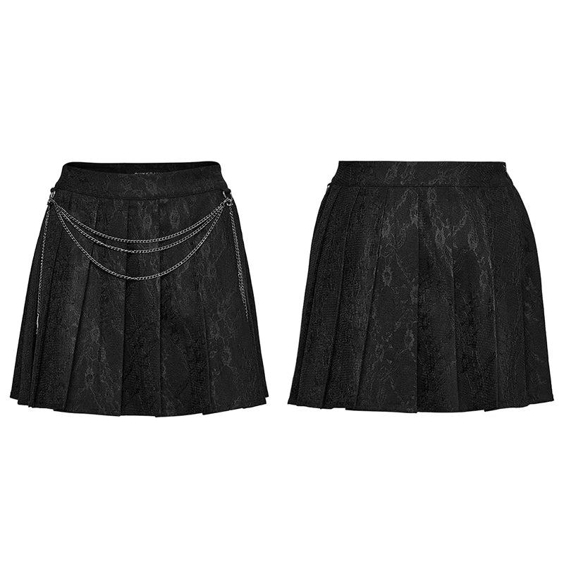 Women Punk Twill Pleated Skirt Chains Detachable Simple Floral Mini Skirts