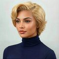 Woman wearing a blonde wig against a light background, Obroi