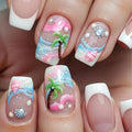 Nail art with palm trees, shells, and beach elements on a clear background, Obroi