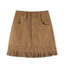 Women Aesthetic Mini Suede Skirt Tassels High Waist Coquette Chic