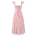 Women's Pink Floral Sundress Ruffle Strap Elegant French Vacation Summer Dress