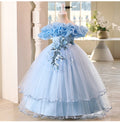 Elegant Girl Party Dress Flower Appliques Wedding Bridesmaid Mesh Evening Ball Gown for Kids Children