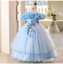 Elegant Girl Party Dress Flower Appliques Wedding Bridesmaid Mesh Evening Ball Gown for Kids Children