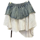 Retro Spliced Denim Pleated Skirt for Women Summer  High Waist Skirt