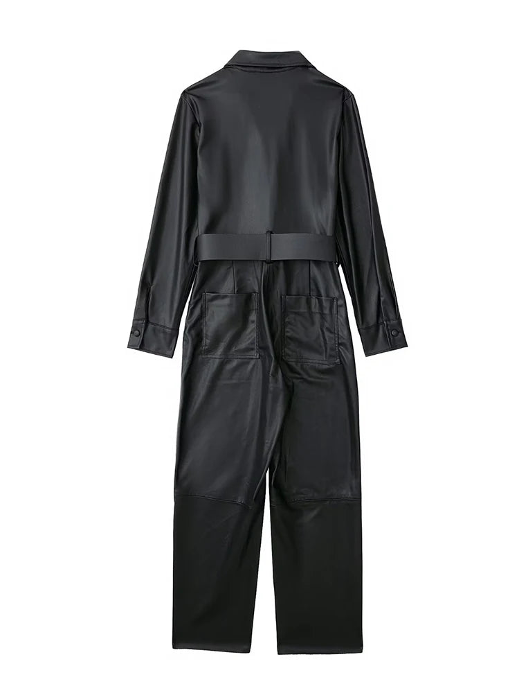 Women Black With Belt Faux Leather Jumpsuit Long Sleeve Elegant Female Overalls