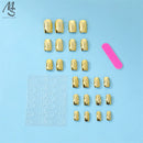 24 Pcs Glossy Fake Nails Press on Chinoiserie Reusable Wearing Nails Light LuxuryIns Gold Silver Pink Short Square Retro Sweet