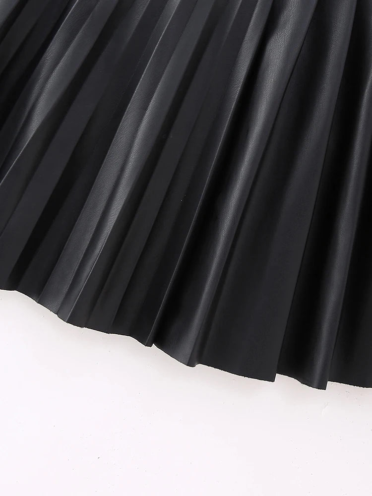 Women Autumn Preppy Style Pleated Short Skirts Streetwear Leather Mid Waist Mini Skirt