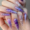 Purple Gradient Flower Nails Press on Long Stiletto Nails Silvery Line Wearable Full Cover Nails Tips